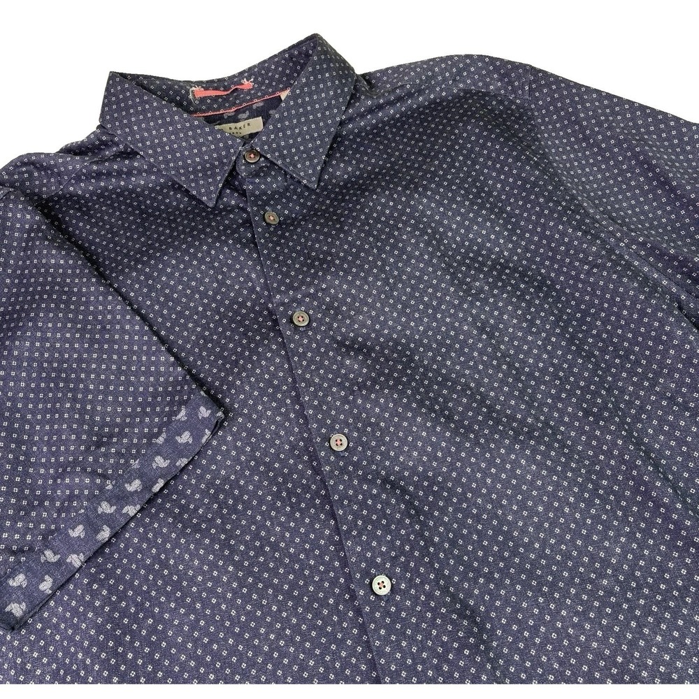 Ted Baker Mens Short Sleeve Shirt Size 6 Navy Blue Geometric Cotton Button up